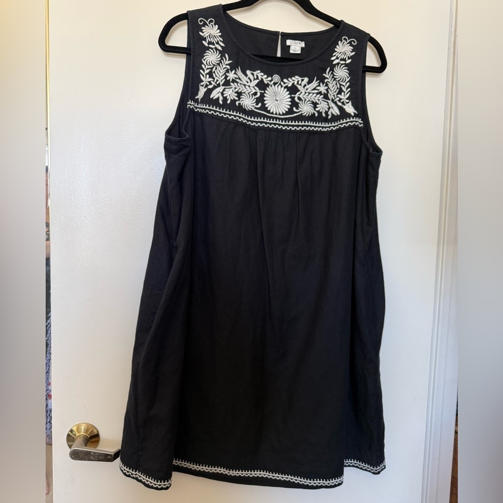 J. Crew Black Linen Blend Sleeveless Mini Dress with White Embroidery in XL